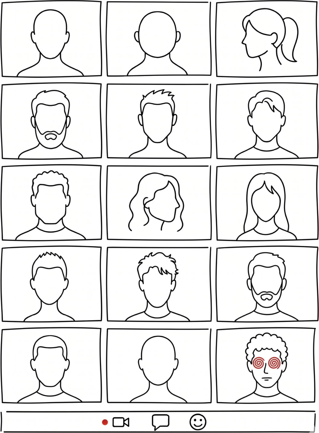 Video call grid illustration with a hypnotized participant